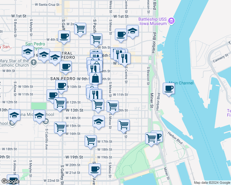 map of restaurants, bars, coffee shops, grocery stores, and more near 368 West 11th Street in San Pedro