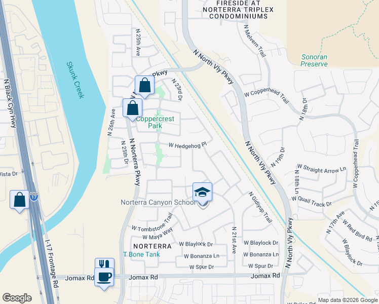 map of restaurants, bars, coffee shops, grocery stores, and more near 2302 West Hedgehog Place in Phoenix