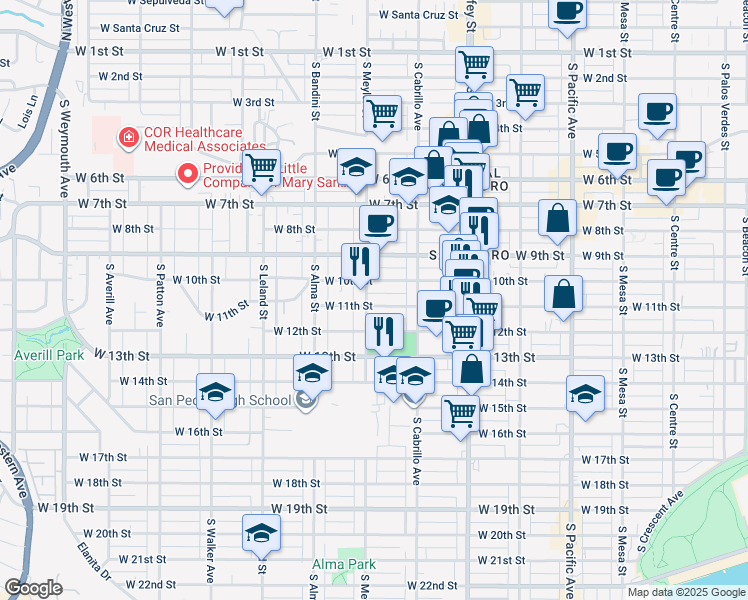 map of restaurants, bars, coffee shops, grocery stores, and more near 853 West 10th Street in Los Angeles