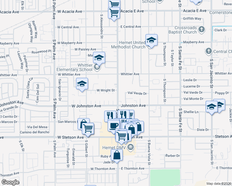 map of restaurants, bars, coffee shops, grocery stores, and more near 765 County Road R3 in Hemet