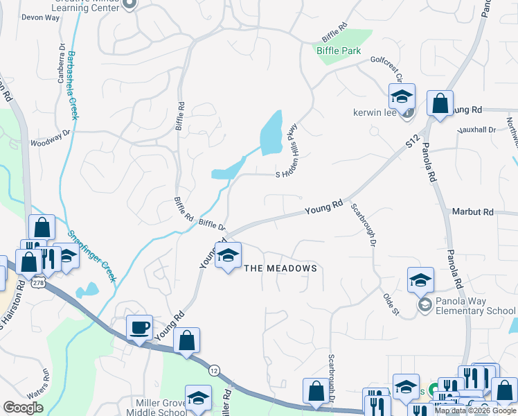 map of restaurants, bars, coffee shops, grocery stores, and more near 5094 Young Knoll in Stone Mountain
