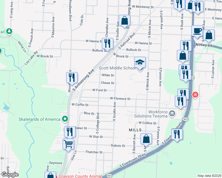 map of restaurants, bars, coffee shops, grocery stores, and more near 907 West Ford Street in Denison