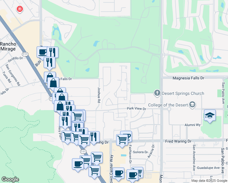 map of restaurants, bars, coffee shops, grocery stores, and more near 15 Florentina Drive in Rancho Mirage