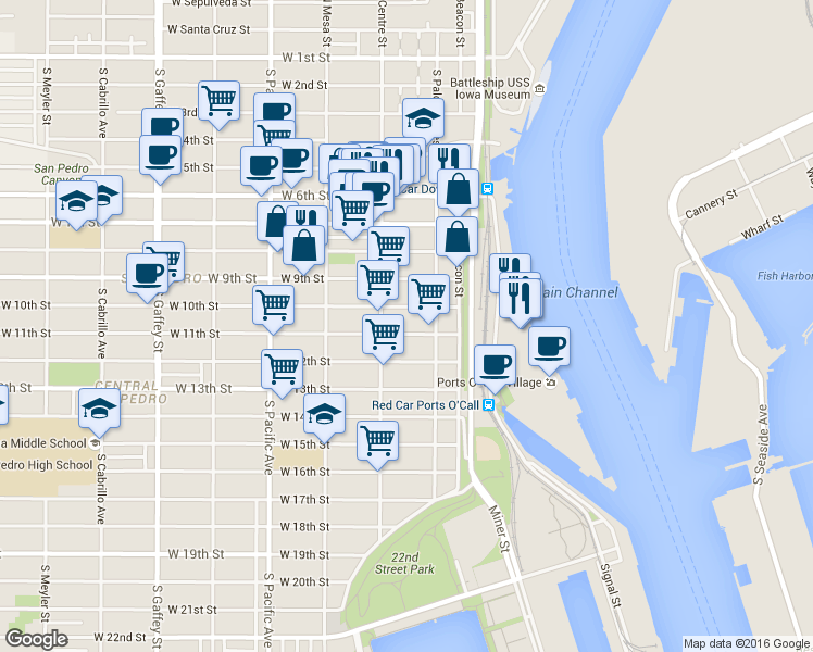map of restaurants, bars, coffee shops, grocery stores, and more near 252 West 11th Street in Los Angeles