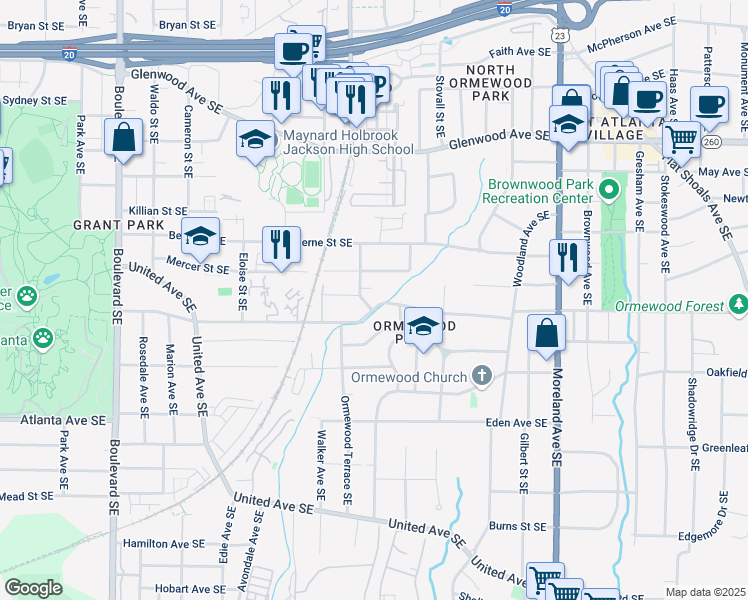 map of restaurants, bars, coffee shops, grocery stores, and more near 938 Ormewood Avenue Southeast in Atlanta