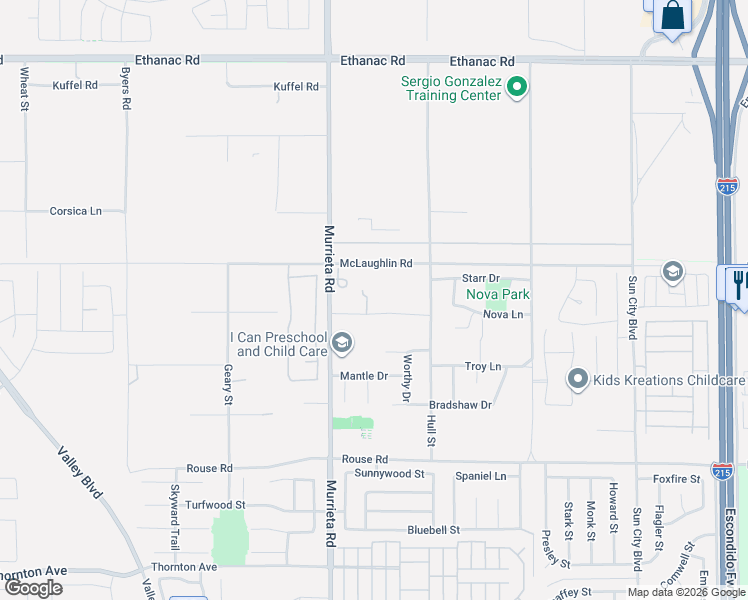map of restaurants, bars, coffee shops, grocery stores, and more near 26098 Nova Lane in Menifee