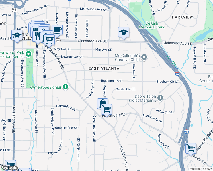 map of restaurants, bars, coffee shops, grocery stores, and more near 720 Maynard Terrace Southeast in Atlanta