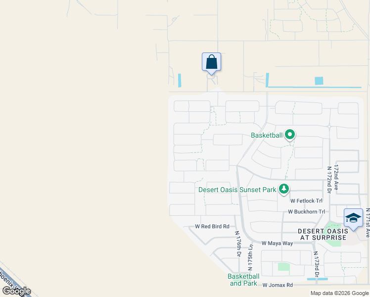 map of restaurants, bars, coffee shops, grocery stores, and more near North 179th Avenue in Surprise