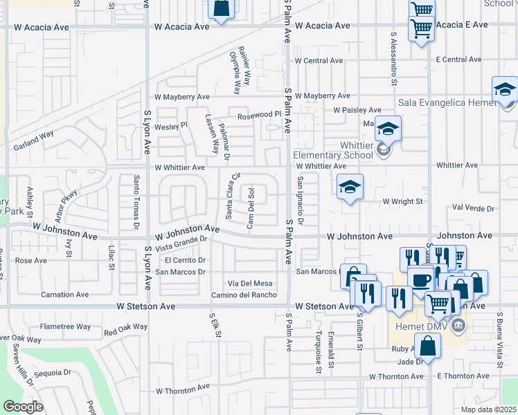 map of restaurants, bars, coffee shops, grocery stores, and more near 731 San Juan Drive in Hemet