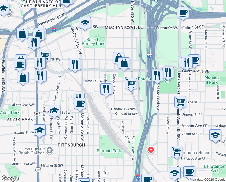 map of restaurants, bars, coffee shops, grocery stores, and more near 723 Cooper Street Southwest in Atlanta