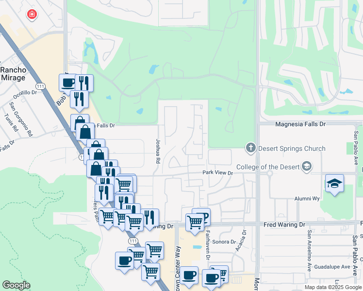 map of restaurants, bars, coffee shops, grocery stores, and more near 15 Florentina Drive in Rancho Mirage
