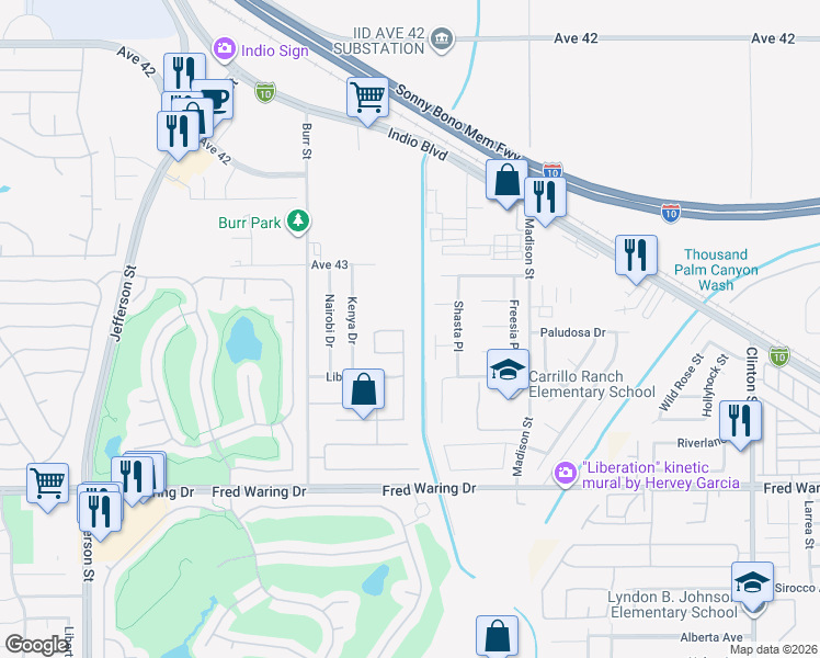 map of restaurants, bars, coffee shops, grocery stores, and more near 43268 Liberty Street in Indio