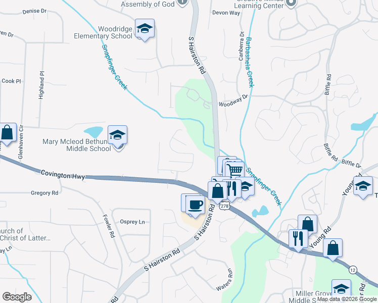 map of restaurants, bars, coffee shops, grocery stores, and more near 4720 Saint James Way in Decatur
