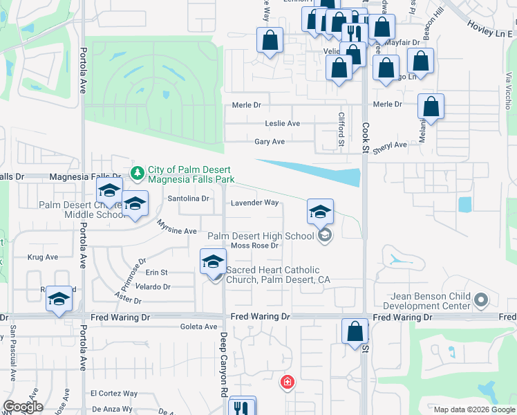 map of restaurants, bars, coffee shops, grocery stores, and more near 74581 Lavender Way in Palm Desert