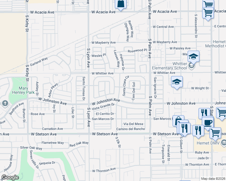 map of restaurants, bars, coffee shops, grocery stores, and more near 841 San Mateo Circle in Hemet