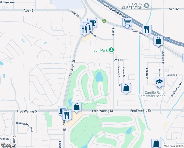 map of restaurants, bars, coffee shops, grocery stores, and more near 43318 Heritage Palms Drive North in Indio