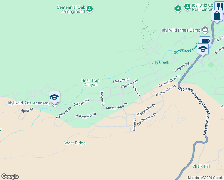 map of restaurants, bars, coffee shops, grocery stores, and more near 26660 Estate Drive in Idyllwild-Pine Cove