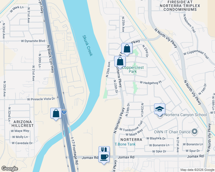 map of restaurants, bars, coffee shops, grocery stores, and more near 2522 West Big Oak Street in Phoenix