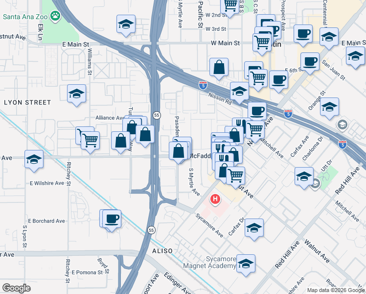 map of restaurants, bars, coffee shops, grocery stores, and more near 15711 South Myrtle Avenue in Tustin