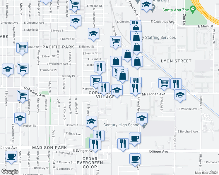map of restaurants, bars, coffee shops, grocery stores, and more near 1025 South Minnie Street in Santa Ana