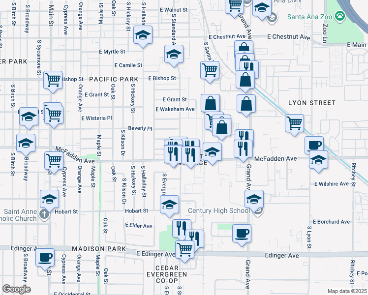 map of restaurants, bars, coffee shops, grocery stores, and more near 1024 South Standard Avenue in Santa Ana