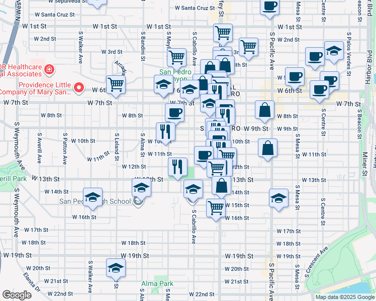map of restaurants, bars, coffee shops, grocery stores, and more near 1010 South Cabrillo Avenue in Los Angeles