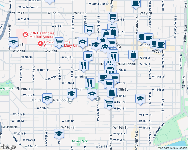 map of restaurants, bars, coffee shops, grocery stores, and more near 853 West 10th Street in Los Angeles