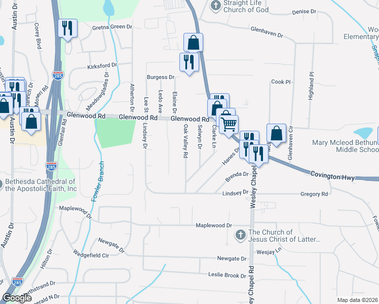 map of restaurants, bars, coffee shops, grocery stores, and more near 1900 Oak Valley Road in Decatur