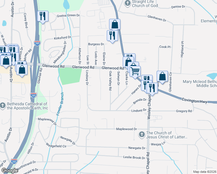 map of restaurants, bars, coffee shops, grocery stores, and more near 1902 Janet Lane in Decatur