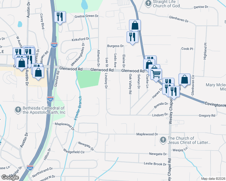 map of restaurants, bars, coffee shops, grocery stores, and more near 4088 Thetford Court in Decatur