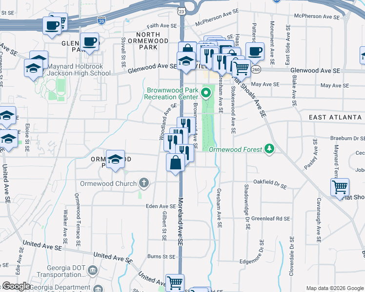 map of restaurants, bars, coffee shops, grocery stores, and more near in Atlanta