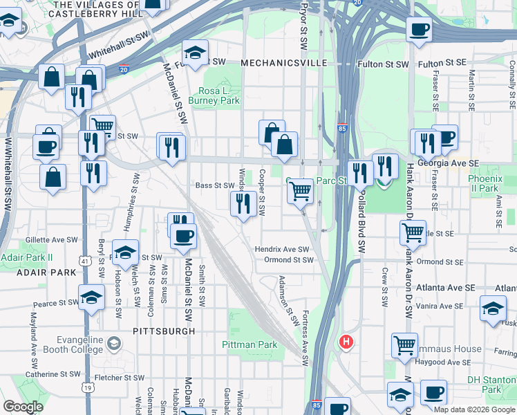 map of restaurants, bars, coffee shops, grocery stores, and more near 723 Cooper Street Southwest in Atlanta