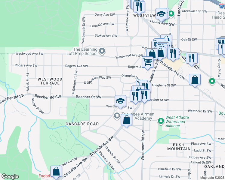 map of restaurants, bars, coffee shops, grocery stores, and more near 1669 South Alvarado Terrace Southwest in Atlanta