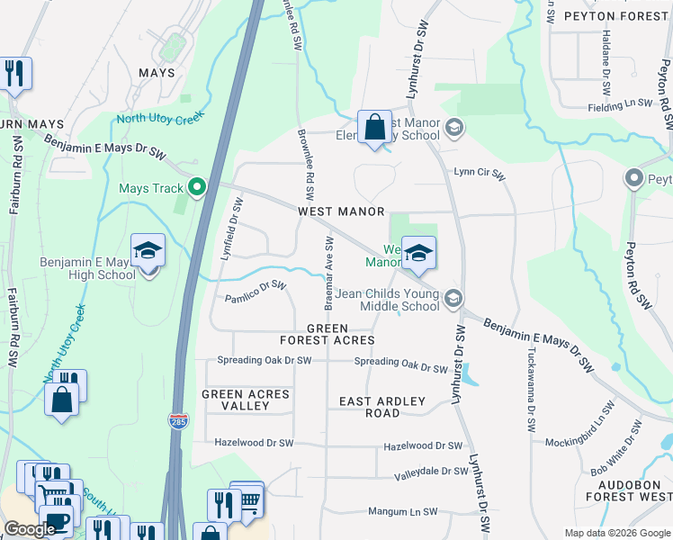 map of restaurants, bars, coffee shops, grocery stores, and more near 758 Braemar Avenue Southwest in Atlanta