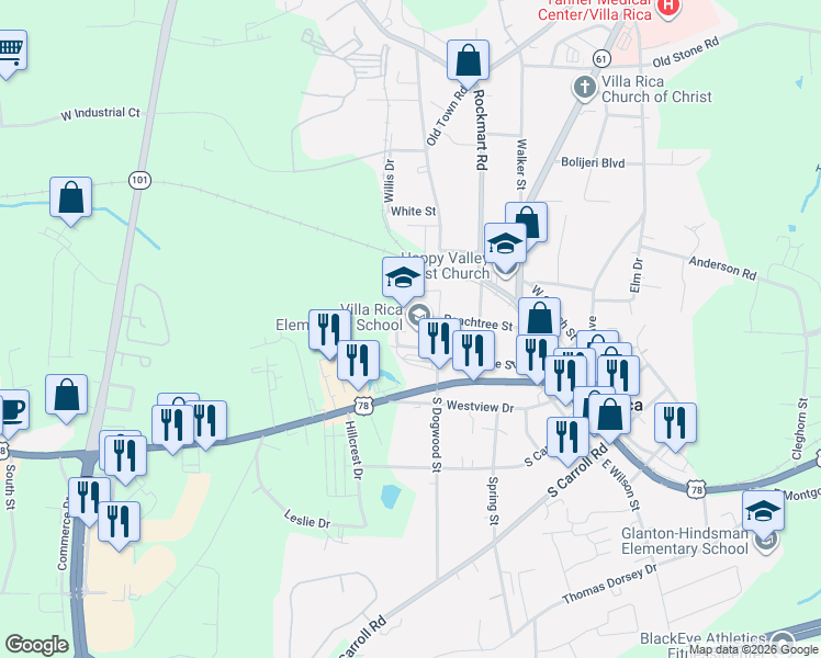 map of restaurants, bars, coffee shops, grocery stores, and more near 313 Peachtree Street in Villa Rica