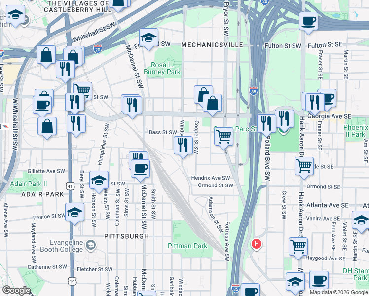 map of restaurants, bars, coffee shops, grocery stores, and more near 746 Windsor Street Southwest in Atlanta