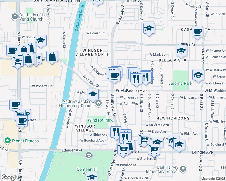 map of restaurants, bars, coffee shops, grocery stores, and more near S Fairview St & W McFadden Ave in Santa Ana