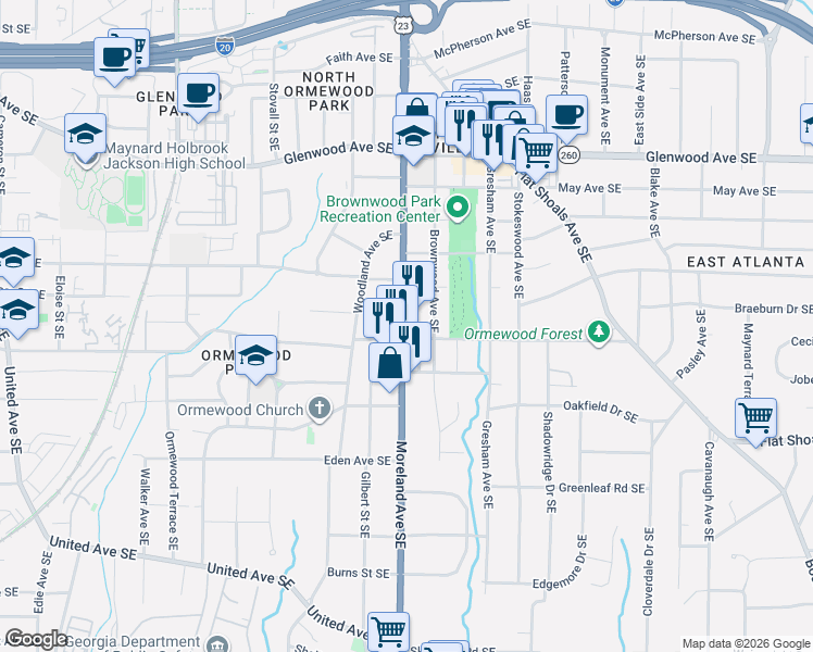 map of restaurants, bars, coffee shops, grocery stores, and more near 720 Moreland Avenue Southeast in Atlanta