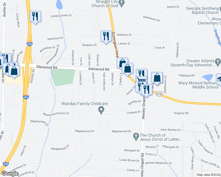 map of restaurants, bars, coffee shops, grocery stores, and more near 1913 Selwyn Drive in Decatur
