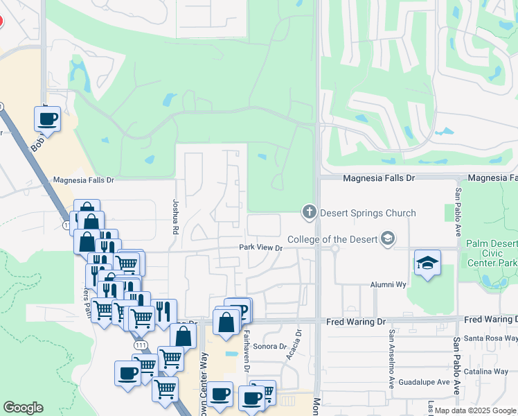 map of restaurants, bars, coffee shops, grocery stores, and more near 133 Torremolinos Drive in Rancho Mirage