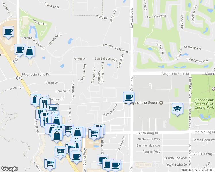 map of restaurants, bars, coffee shops, grocery stores, and more near 133 Torremolinos Drive in Rancho Mirage