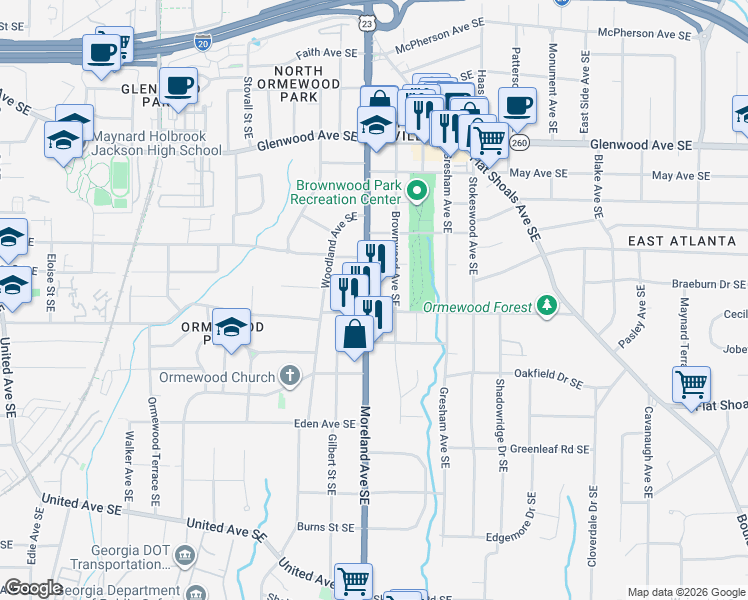map of restaurants, bars, coffee shops, grocery stores, and more near 720 Moreland Avenue Southeast in Atlanta