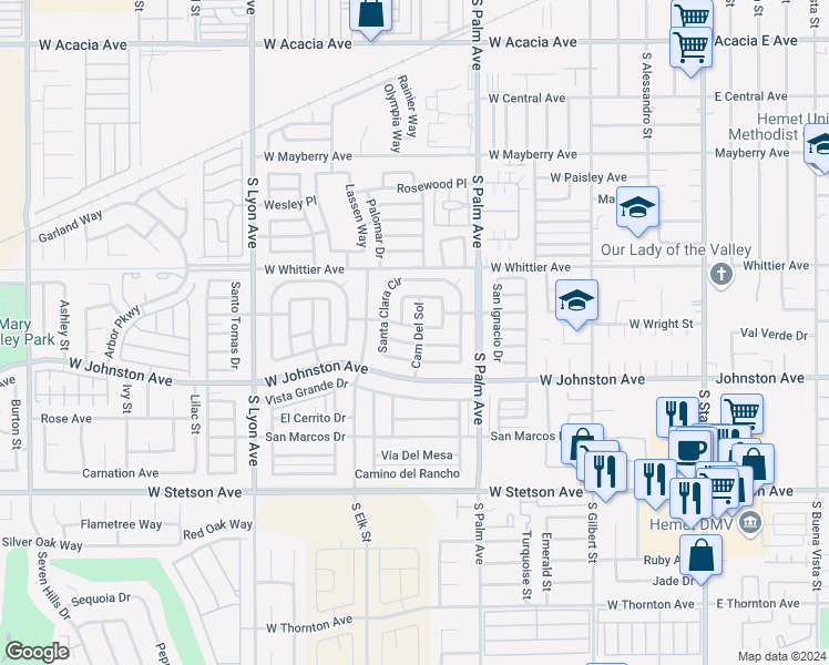 map of restaurants, bars, coffee shops, grocery stores, and more near 661 San Juan Drive in Hemet
