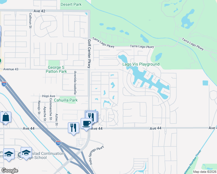 map of restaurants, bars, coffee shops, grocery stores, and more near 84136 Avenue 44 in Indio