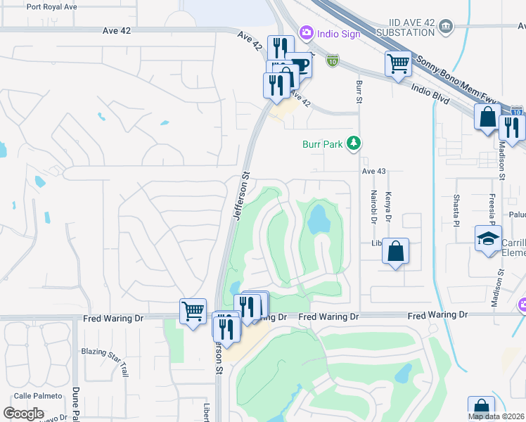 map of restaurants, bars, coffee shops, grocery stores, and more near 43506 Torphin Hill Place in Indio