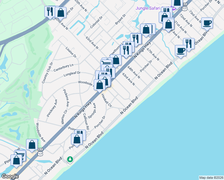 map of restaurants, bars, coffee shops, grocery stores, and more near 6000 North Kings Highway in Myrtle Beach