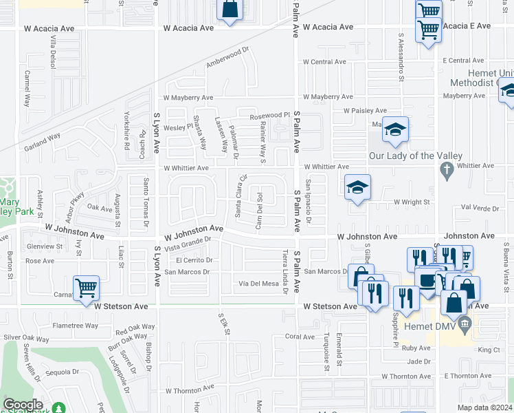 map of restaurants, bars, coffee shops, grocery stores, and more near 661 San Juan Drive in Hemet