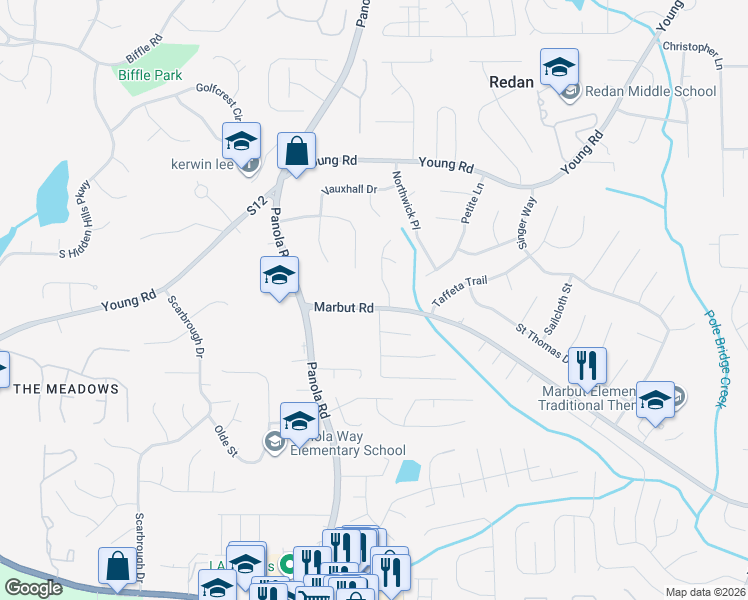 map of restaurants, bars, coffee shops, grocery stores, and more near 1877 Hadrian Way in Lithonia