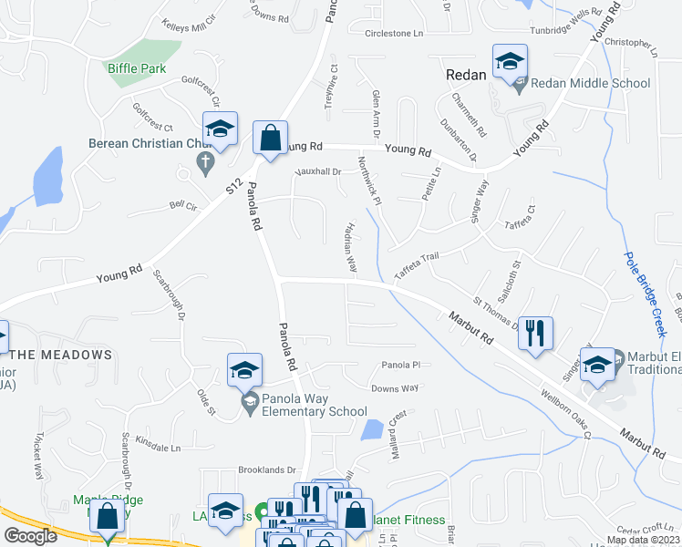 map of restaurants, bars, coffee shops, grocery stores, and more near 5490 Marbut Road in Lithonia