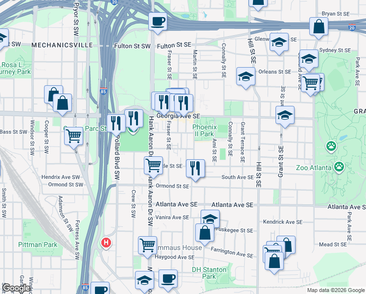 map of restaurants, bars, coffee shops, grocery stores, and more near 723 Reed Street Southeast in Atlanta